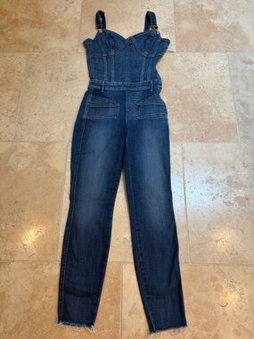 True Religion Corset Seamed Overall Denim Jumpsuit - Dark Blue Women's